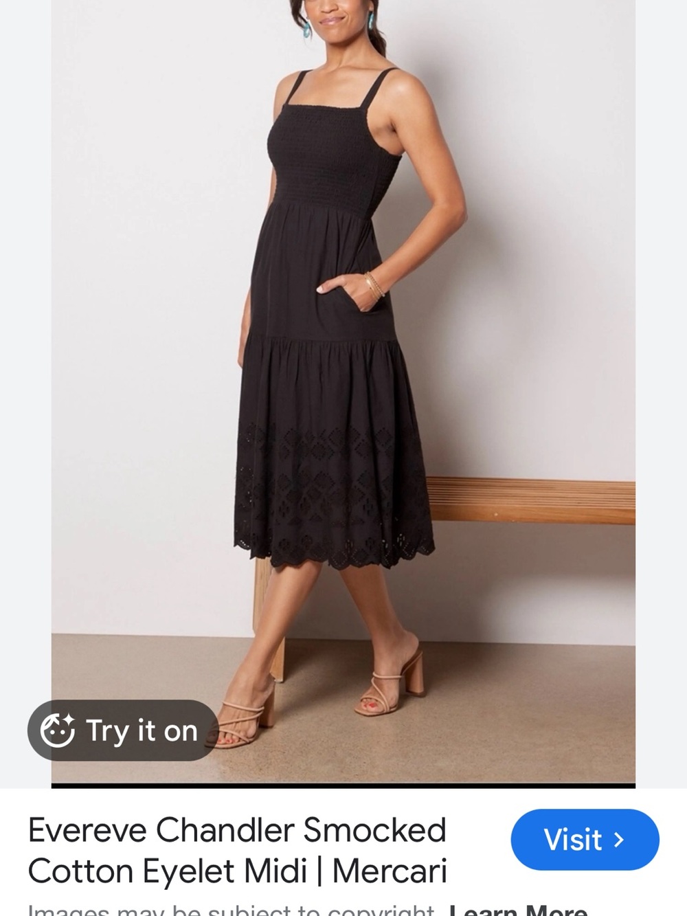 Evereve Black Smocked Cotton Eyelet Midi Dress